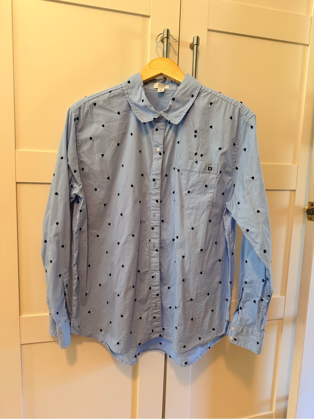 Light Blue Button-Up Shirt with Navy Embroidered Hearts